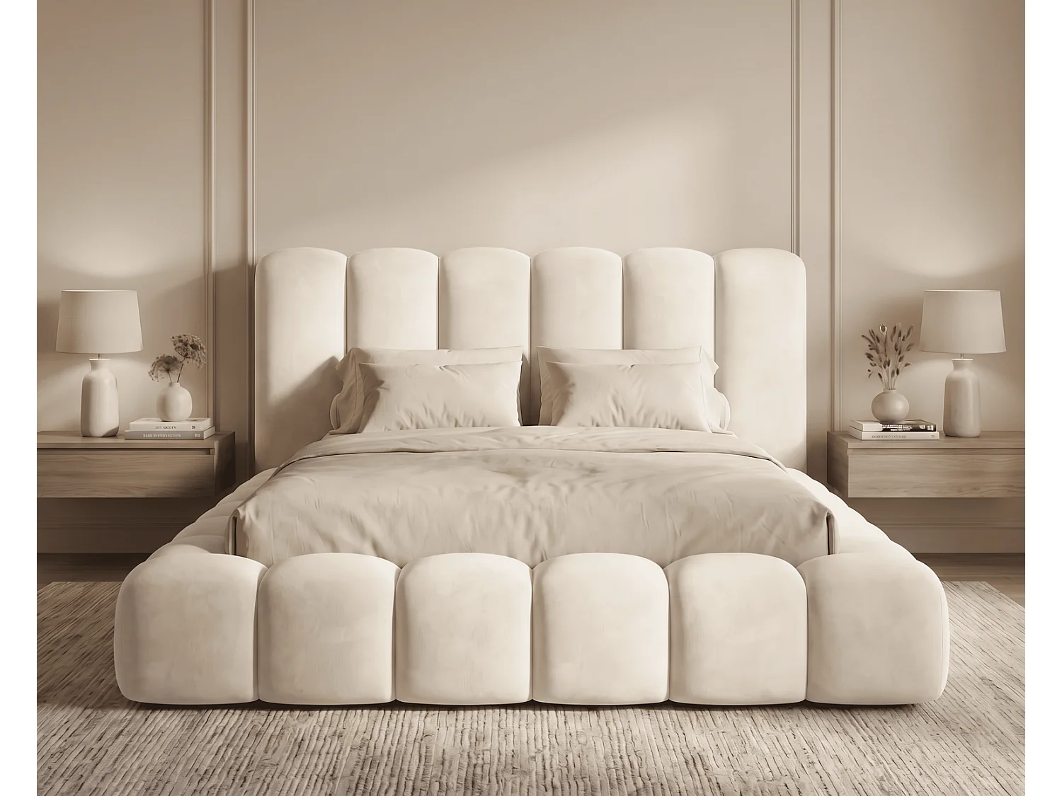 Lit coffre 160x200 Selvo, lit capitonné style nuage, mousse épaisse, sommier en bois, beige