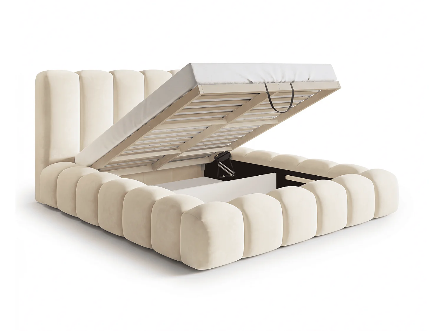 Lit coffre 160x200 Selvo, lit capitonné style nuage, mousse épaisse, sommier en bois, beige