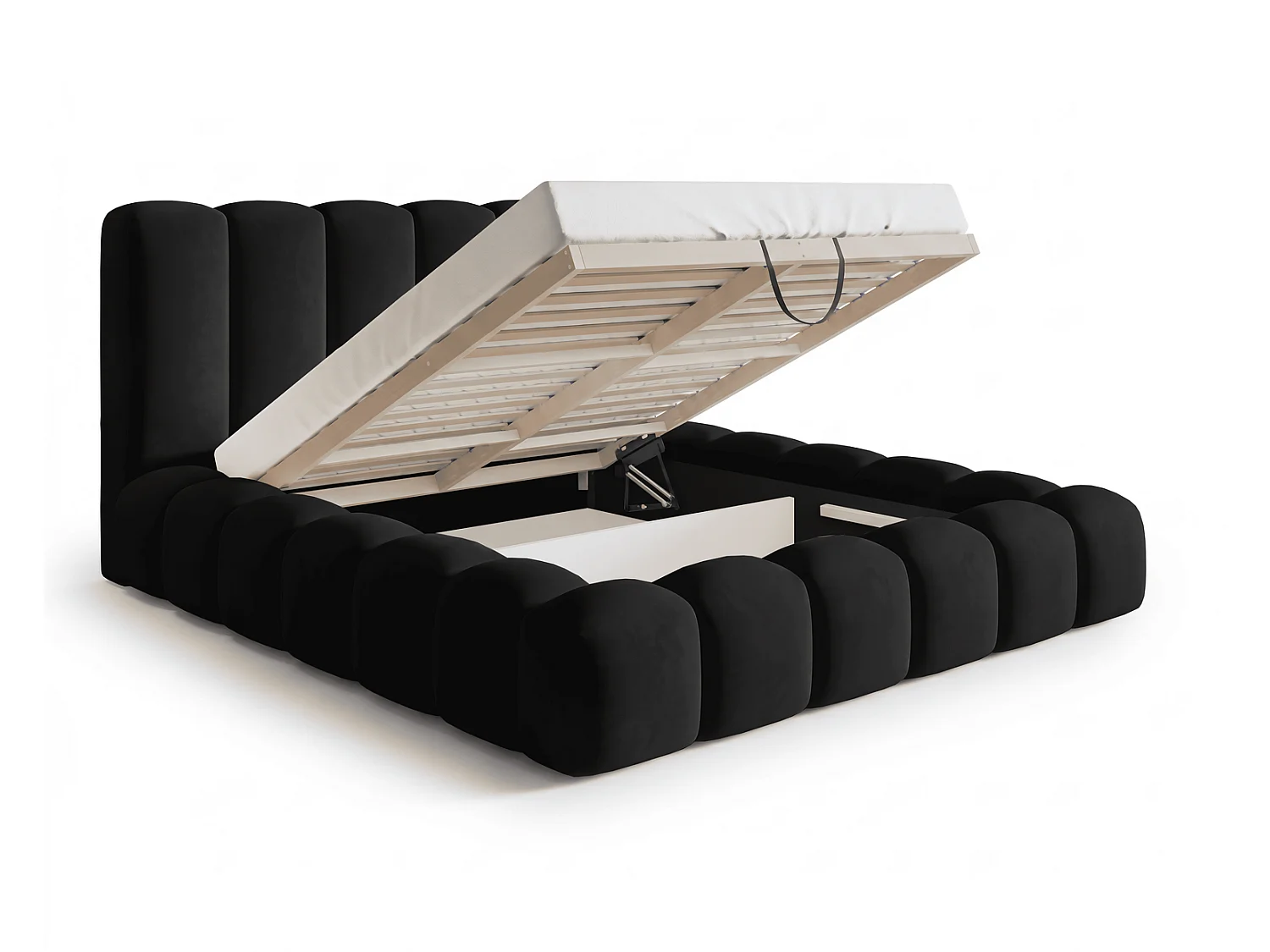 Lit coffre 160x200 Selvo, lit capitonné style nuage, mousse épaisse, sommier en bois, noir