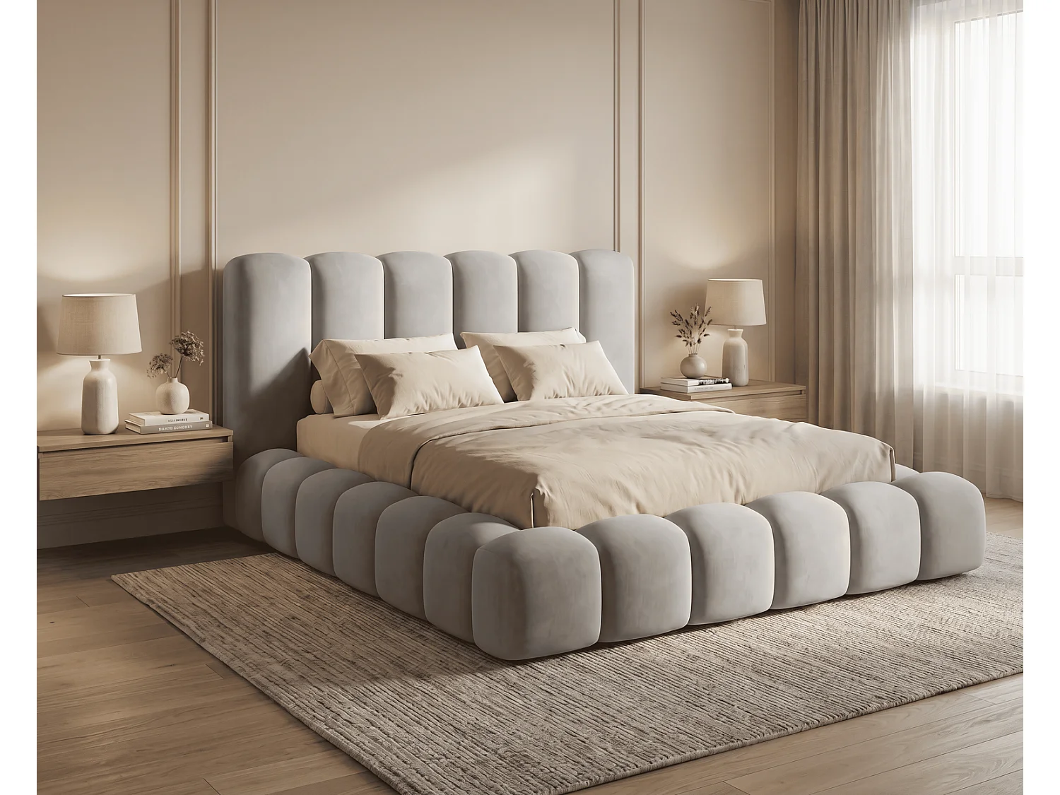 Lit coffre 160x200 Selvo, lit capitonné style nuage, mousse épaisse, sommier en bois, gris