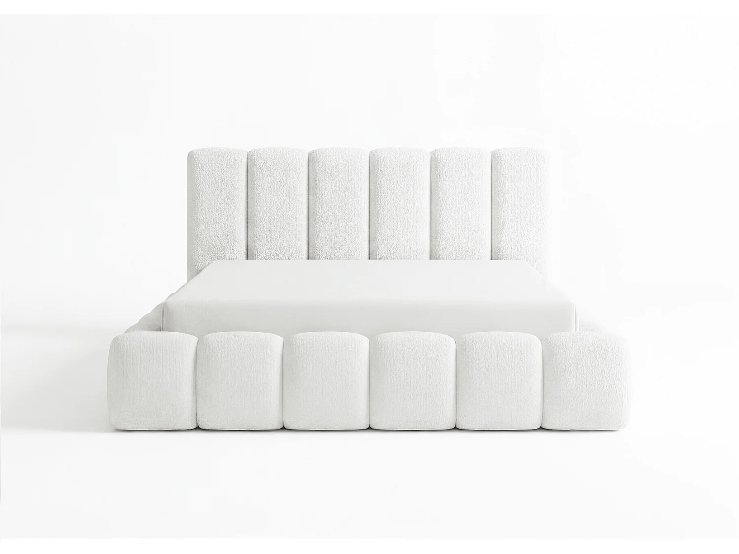 Lit rembourré bouclé 140x200 Aurelis avec coffre de rangement et sommier en bois - lit nuage, crème