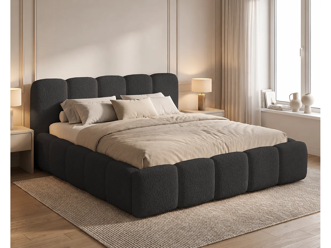 Lit bouclé 200x200 Vorello avec coffre de rangement, sommier en bois, style nuage, noir