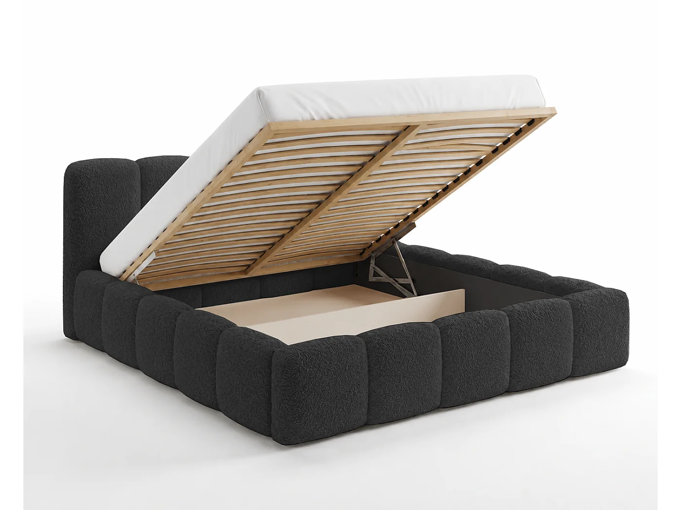 Lit bouclé 200x200 Vorello avec coffre de rangement, sommier en bois, style nuage, noir