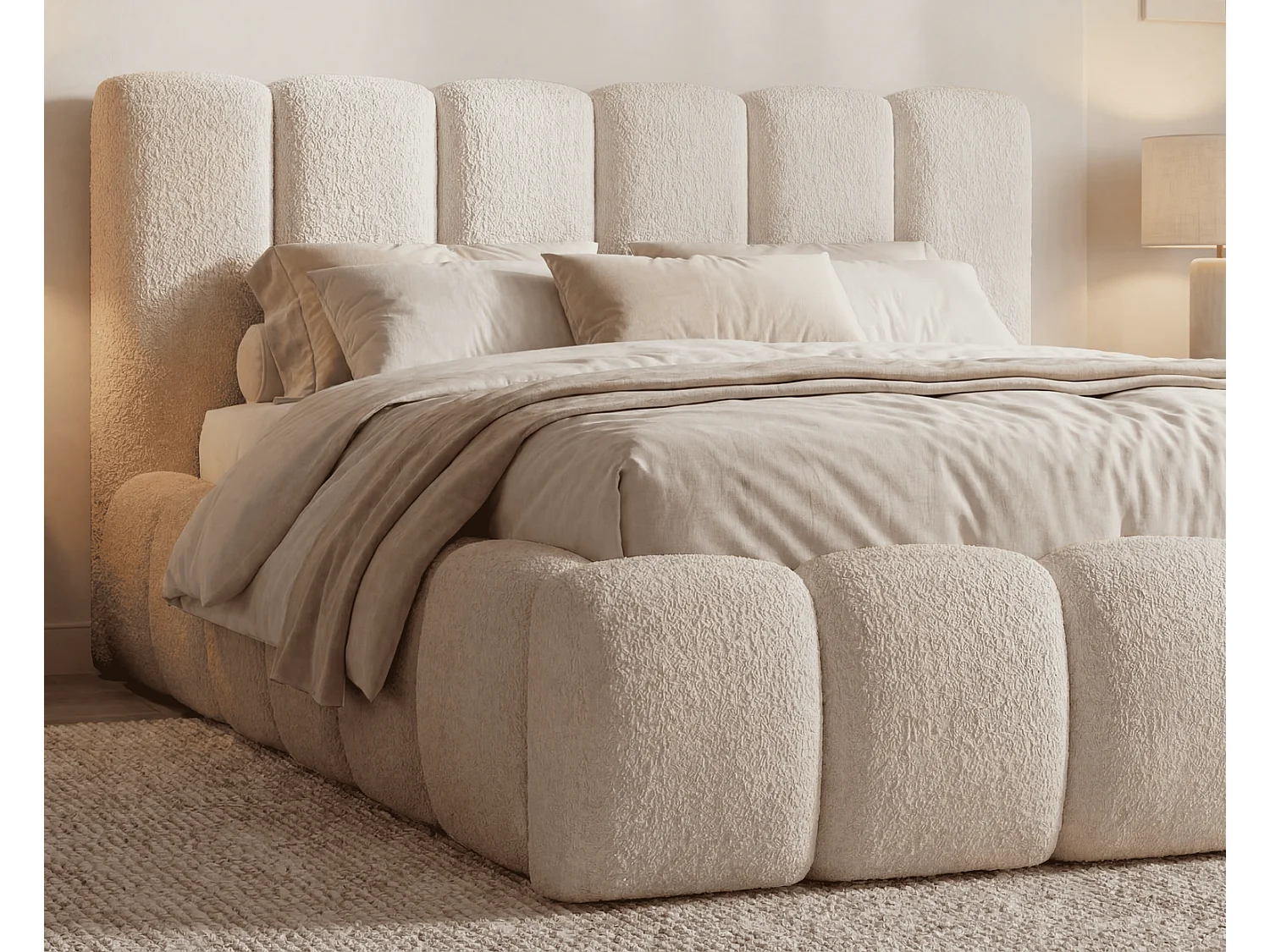 Lit rembourré bouclé 140x200 Aurelis avec coffre de rangement et sommier en bois - lit nuage, beige