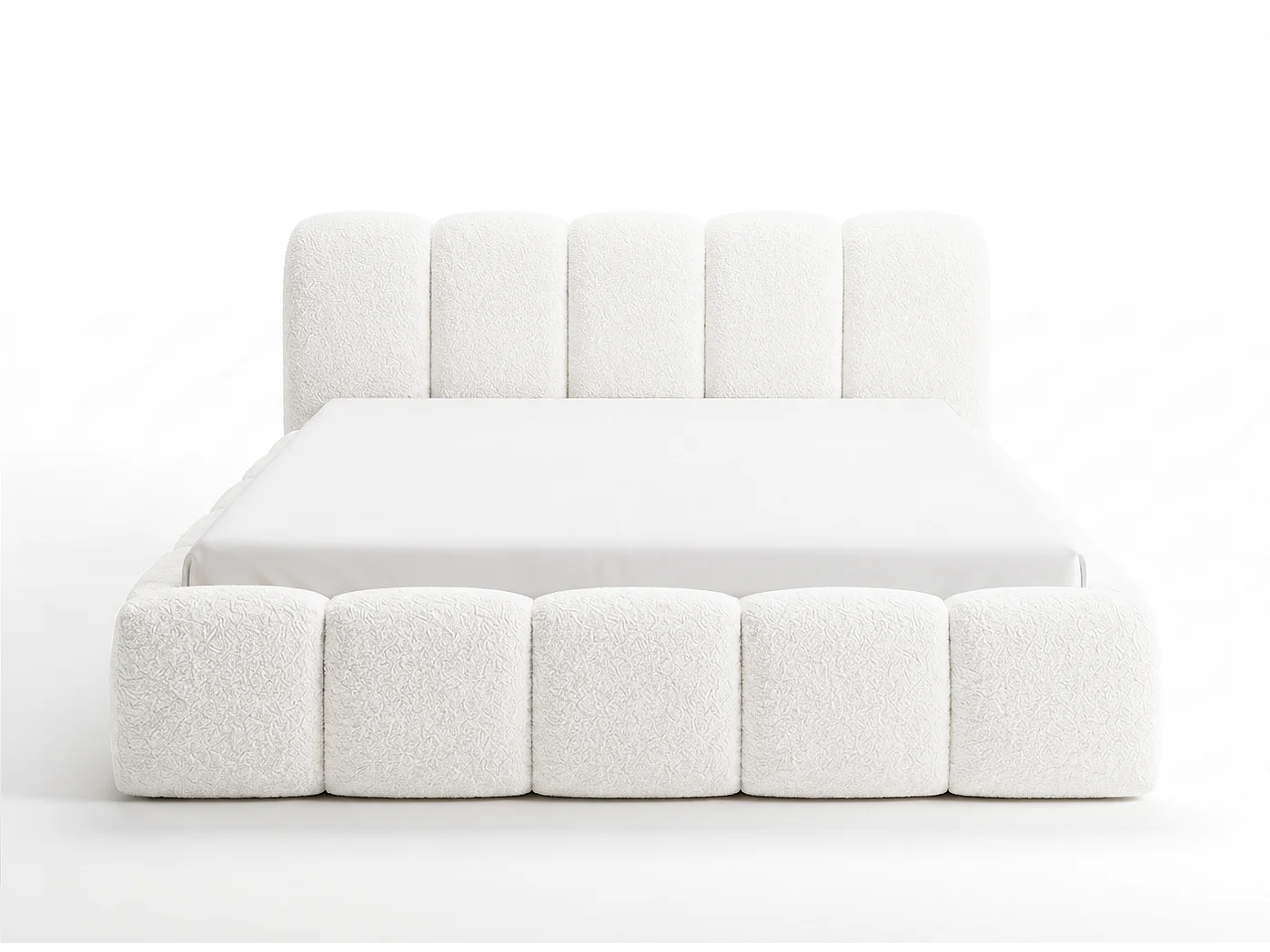 Lit bouclé 140x200 Vorello avec coffre de rangement, sommier en bois, style nuage, crème