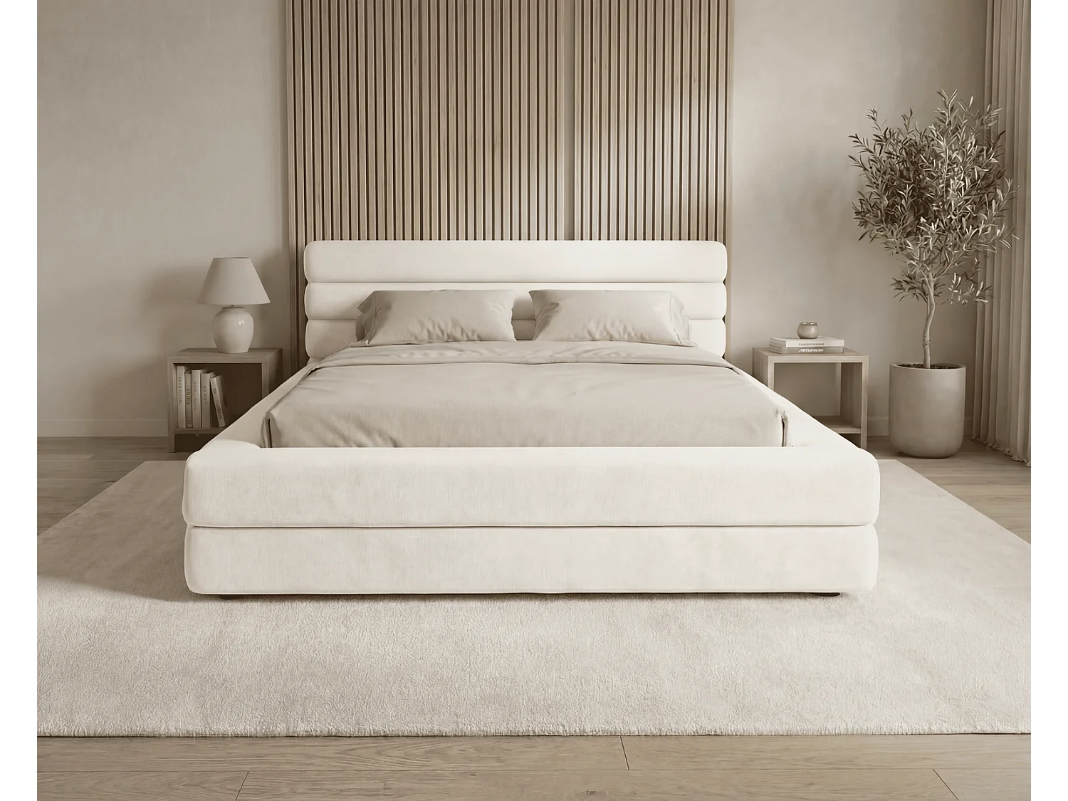 Lit double 180x200 cm Elias avec rangement, style moderne, sommier en bois, crème