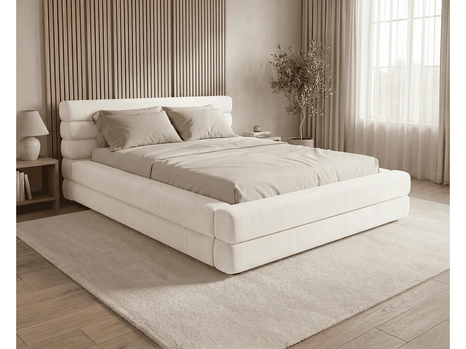 Lit double 160x200 cm Elias avec rangement, style moderne, sommier en bois, crème
