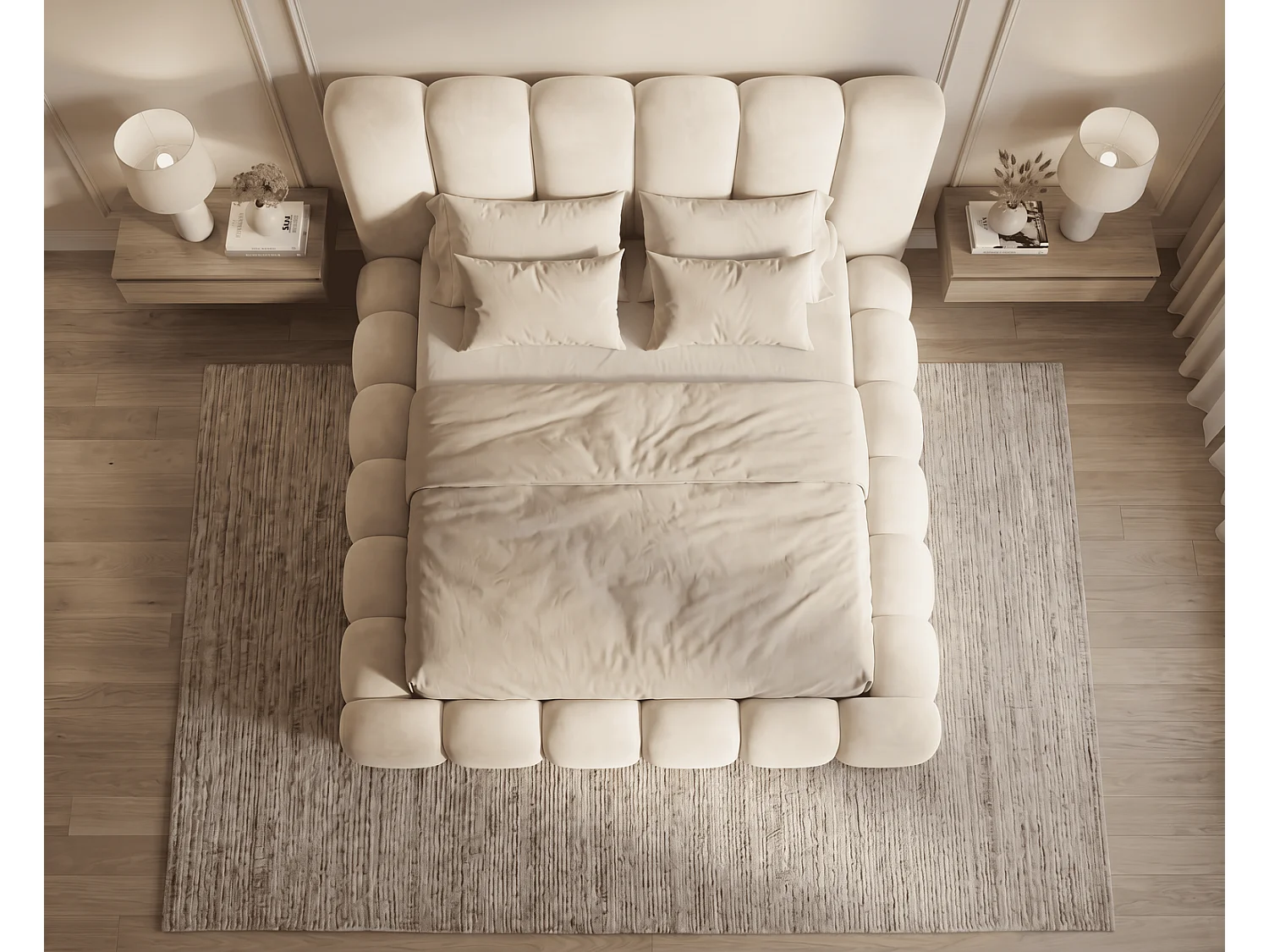 Lit coffre 180x200 Selvo, lit capitonné style nuage, mousse épaisse, sommier en bois, beige