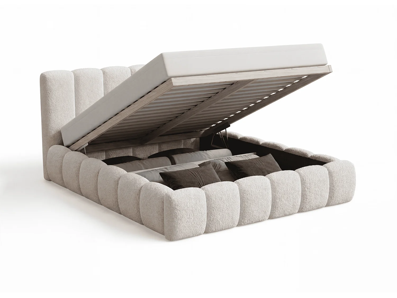 Lit rembourré bouclé 160x200 Aurelis avec coffre de rangement et sommier en bois - lit nuage, beige