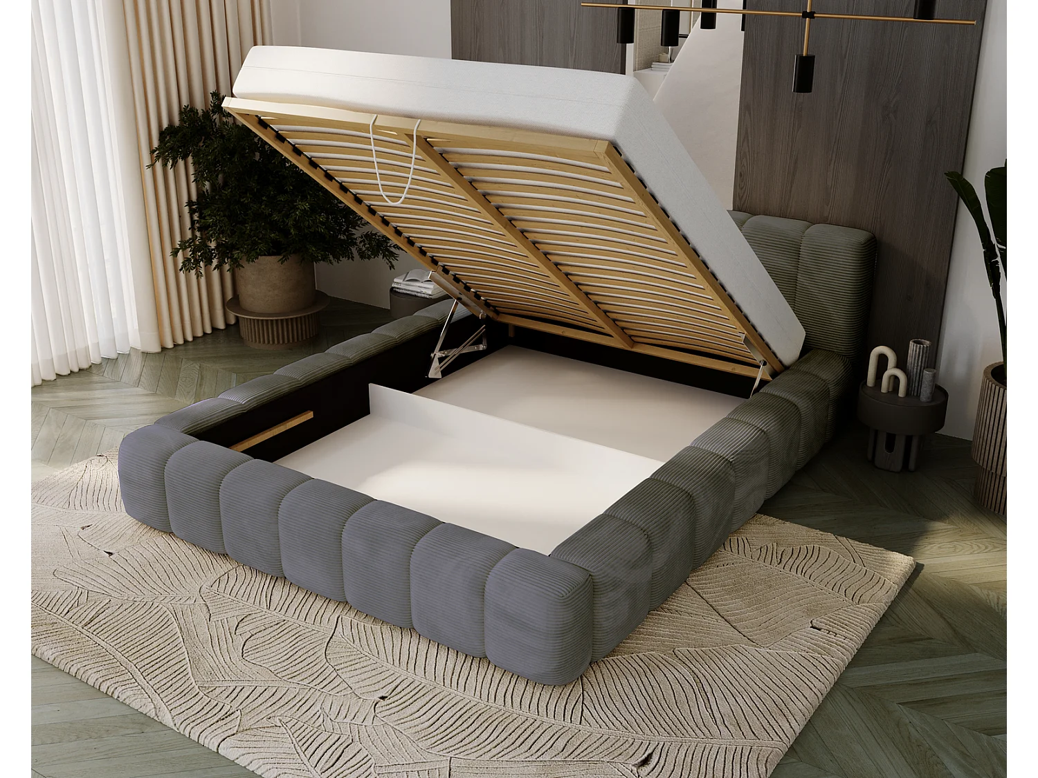 Cord-Doppelbett 140x200 Bolonia - mit Bettkasten und Holzlattenrost, Bett Dunkelgrau
