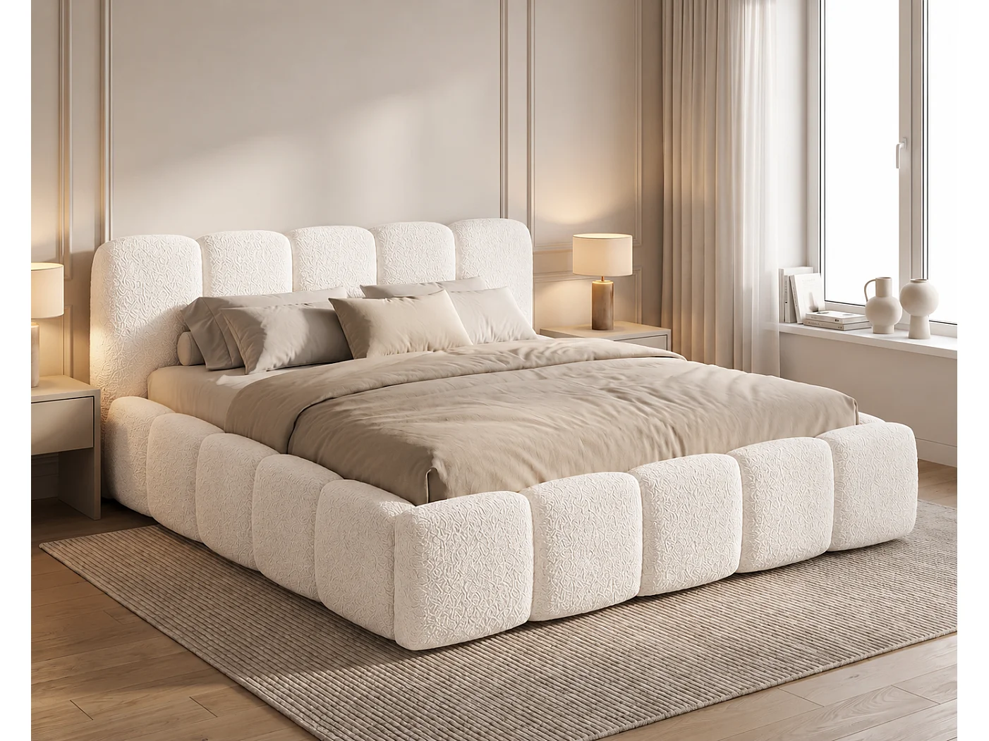 Polsterbett 160x200 Vorello mit Bettkasten, Metalllattenrost, Wolkenbett, Bouclé-Stoff, Creme