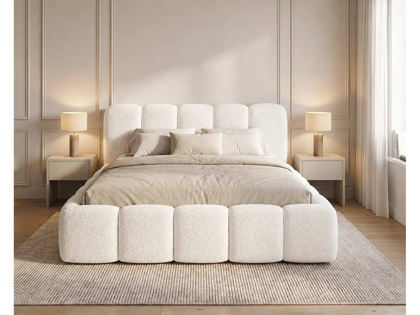 Polsterbett 160x200 Vorello mit Bettkasten, Metalllattenrost, Wolkenbett, Bouclé-Stoff, Creme