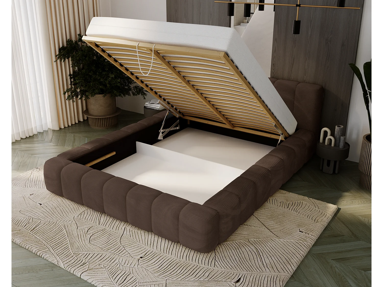 Cord-Doppelbett 180x200 Bolonia - mit Bettkasten und Holzlattenrost, Bett Braun