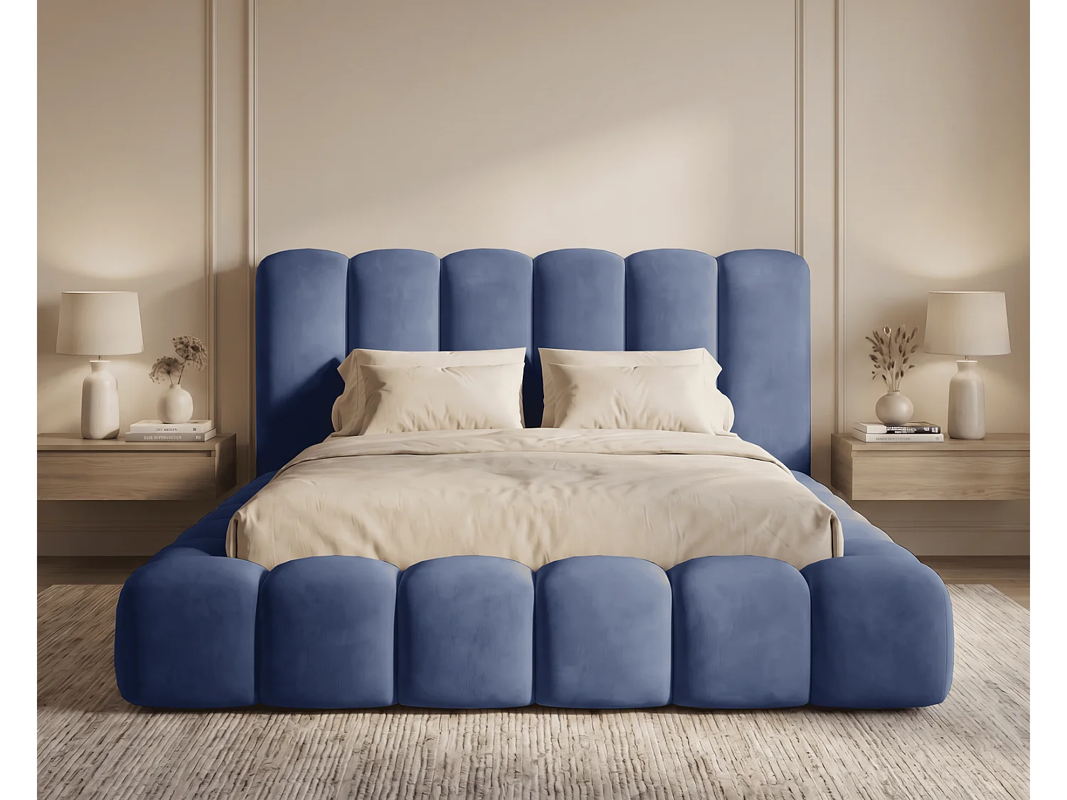 Polsterbett mit Bettkasten 140x200 Selvo - Wolkenbett, dicke Polsterung, Metalllattenrost - Blau