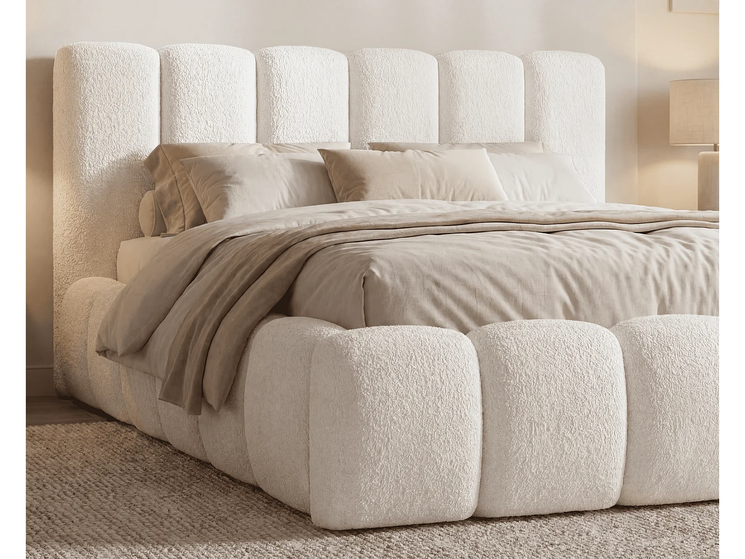 Doppelbett Bouclé 200x200 Aurelis mit Bettkasten und Metalllattenrost - Wolkenbett, Creme