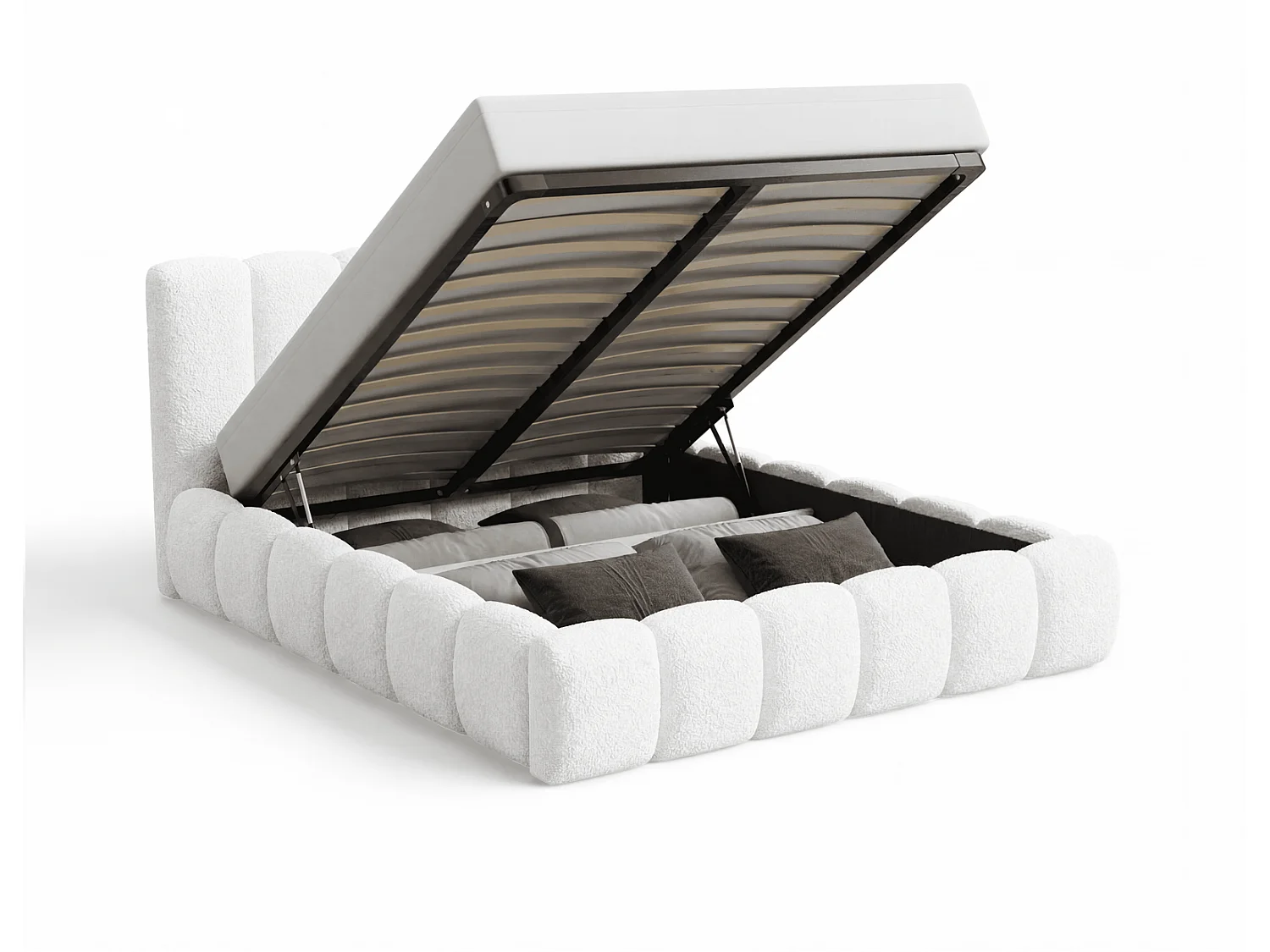 Doppelbett Bouclé 200x200 Aurelis mit Bettkasten und Metalllattenrost - Wolkenbett, Creme
