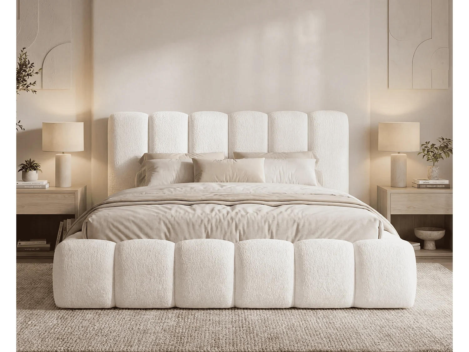 Doppelbett Bouclé 140x200 Aurelis mit Bettkasten und Metalllattenrost - Wolkenbett, Creme
