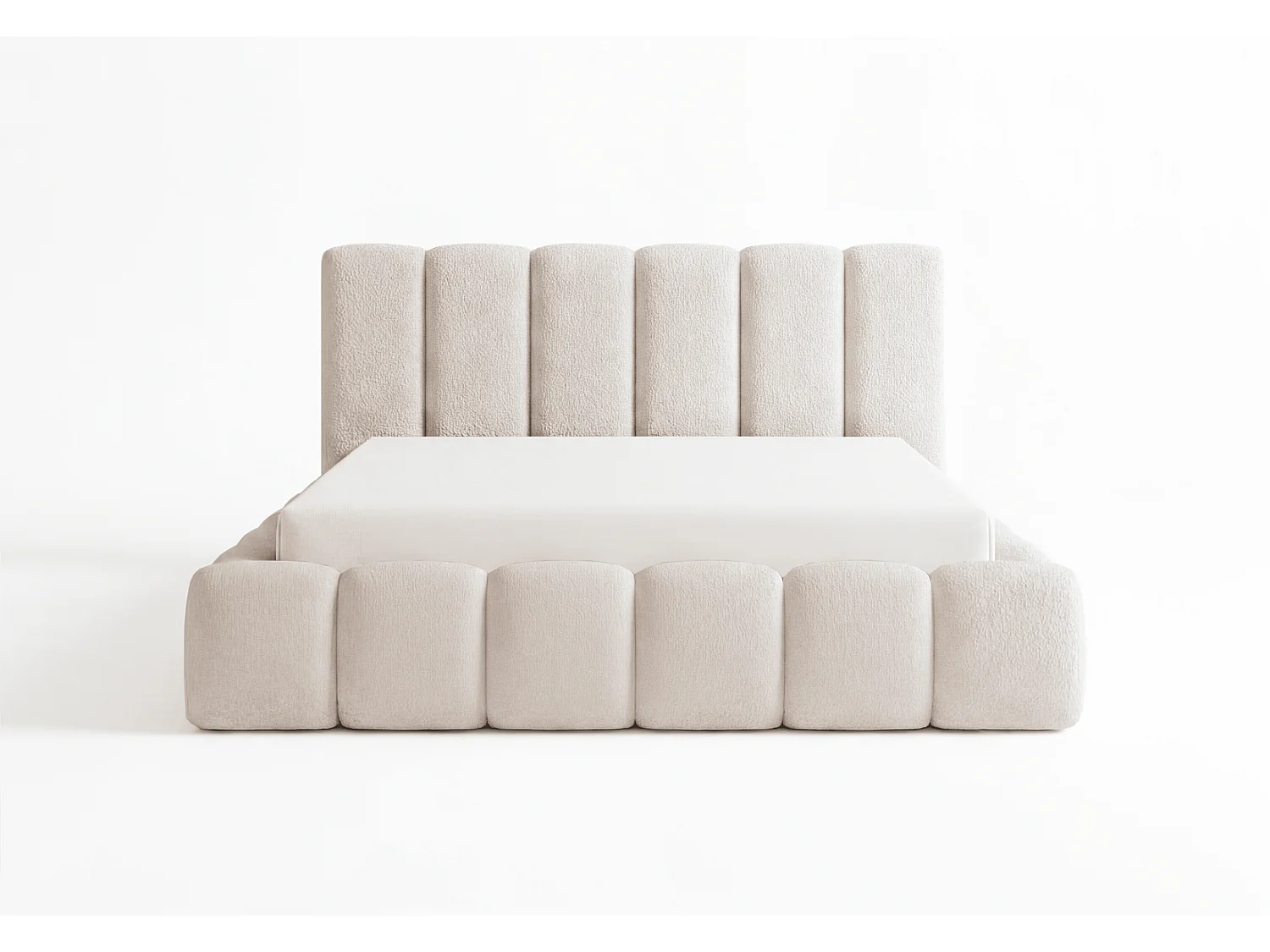 Lit rembourré bouclé 180x200 Aurelis avec coffre de rangement et sommier en bois - lit nuage, beige