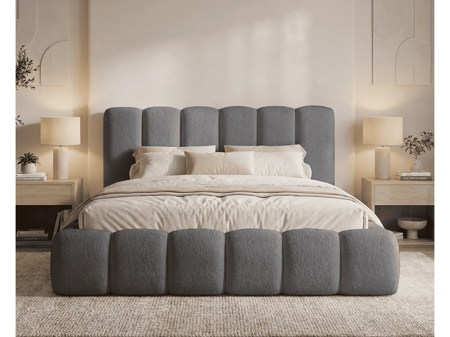 Doppelbett Bouclé 160x200 Aurelis mit Bettkasten und Metalllattenrost - Wolkenbett, Grau