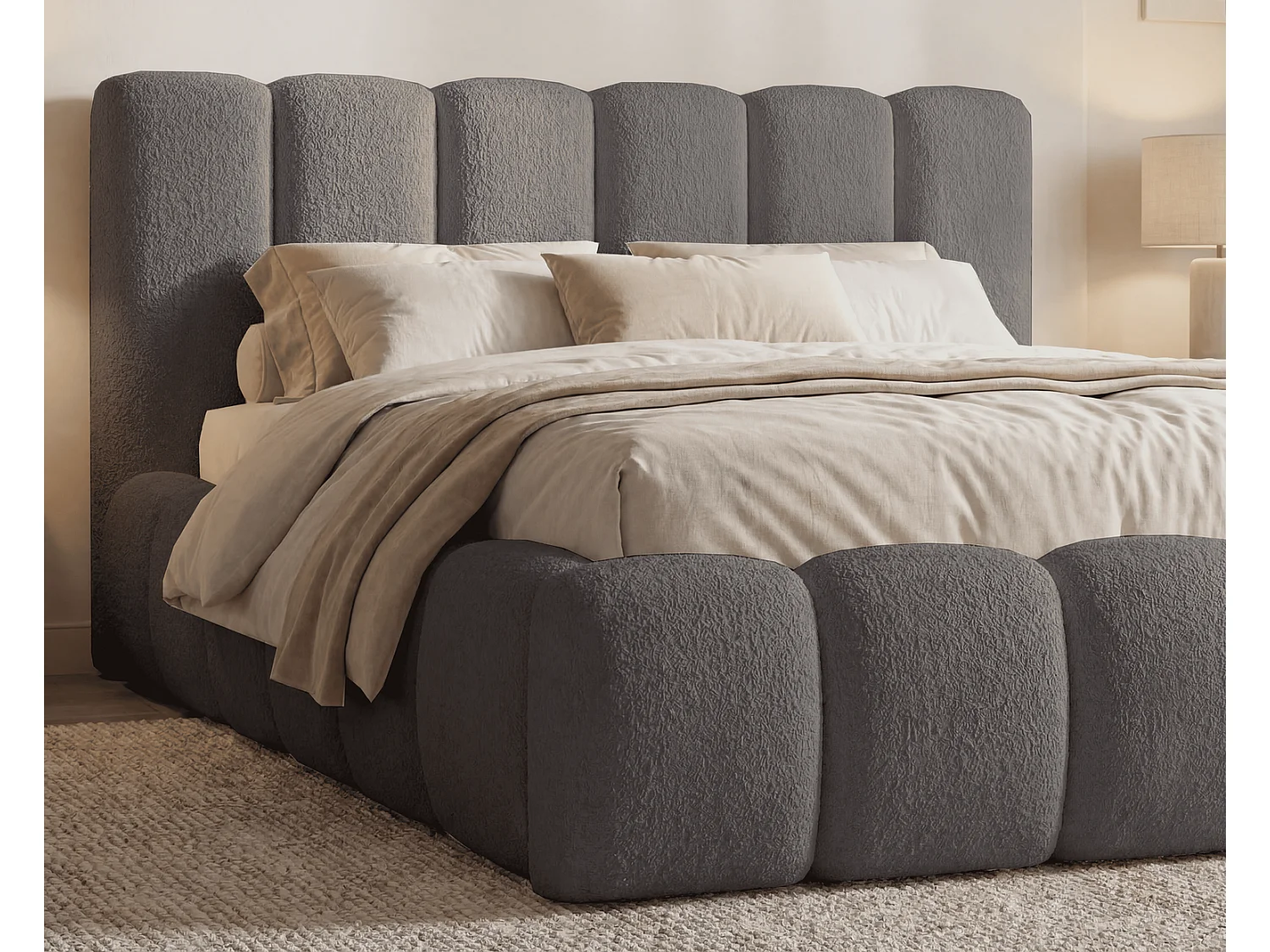 Doppelbett Bouclé 160x200 Aurelis mit Bettkasten und Metalllattenrost - Wolkenbett, Grau