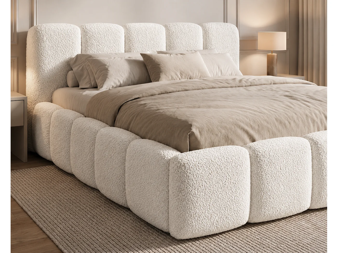 Lit bouclé 200x200 Vorello avec coffre de rangement, sommier en bois, style nuage, crème
