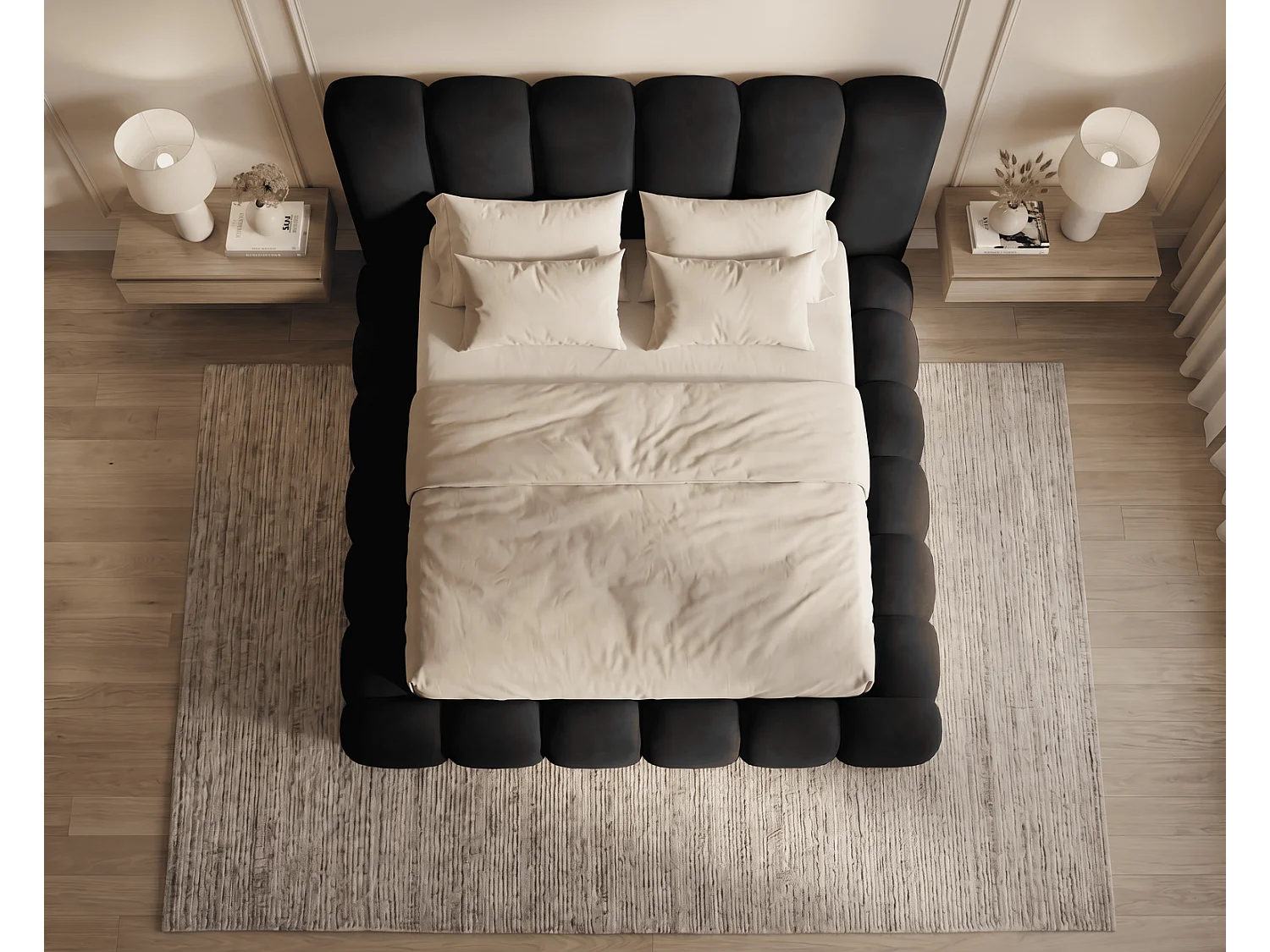 Polsterbett mit Bettkasten 160x200 Selvo - Wolkenbett, dicke Polsterung, Metalllattenrost - Schwarz