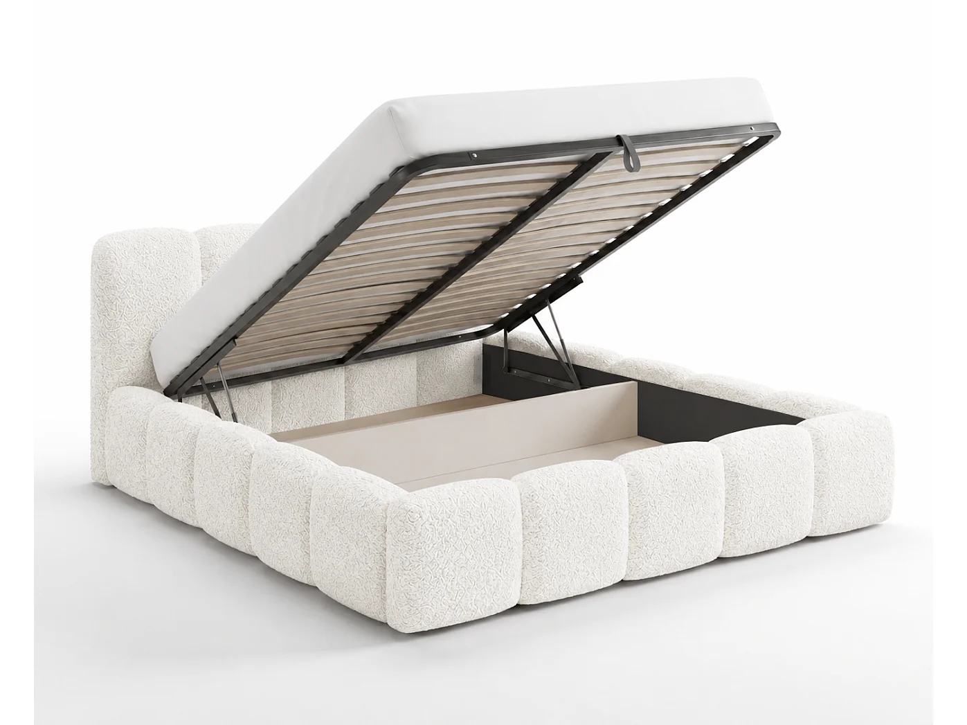 Polsterbett 180x200 Vorello mit Bettkasten, Metalllattenrost, Wolkenbett, Bouclé-Stoff, Creme