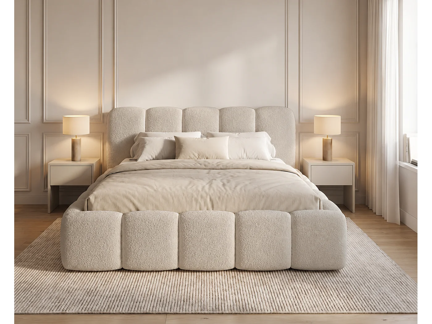 Lit bouclé 160x200 Vorello avec coffre de rangement, sommier en bois, style nuage, beige