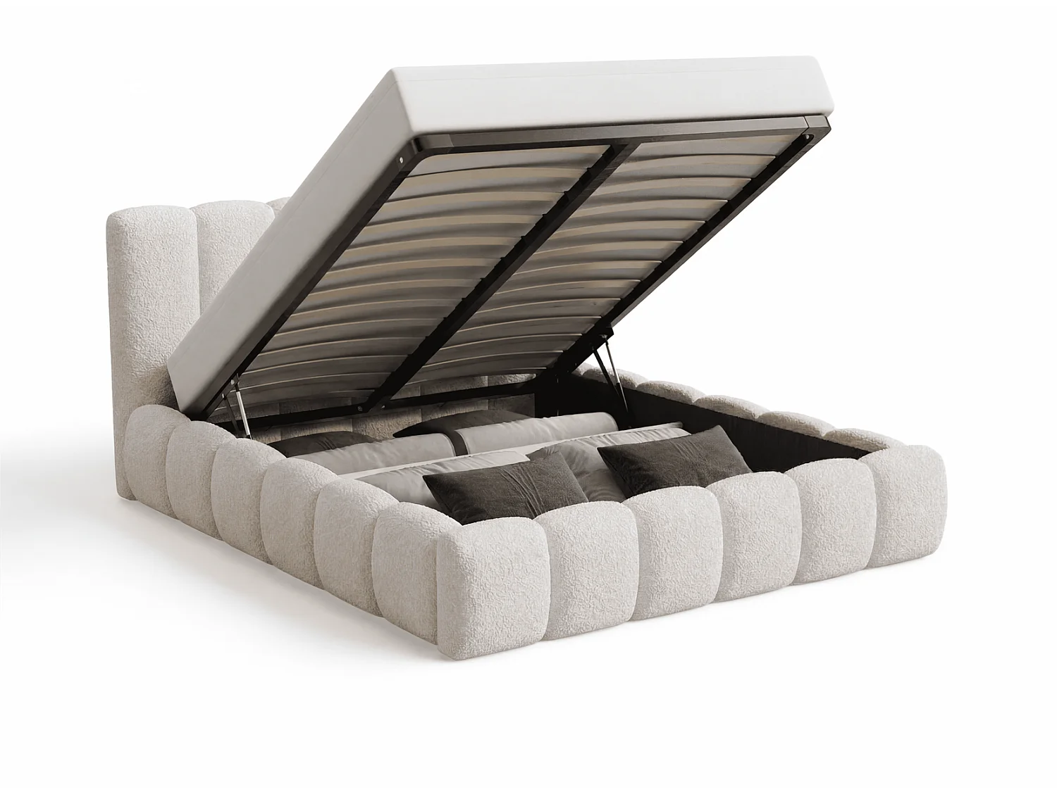 Doppelbett Bouclé 140x200 Aurelis mit Bettkasten und Metalllattenrost - Wolkenbett, Beige