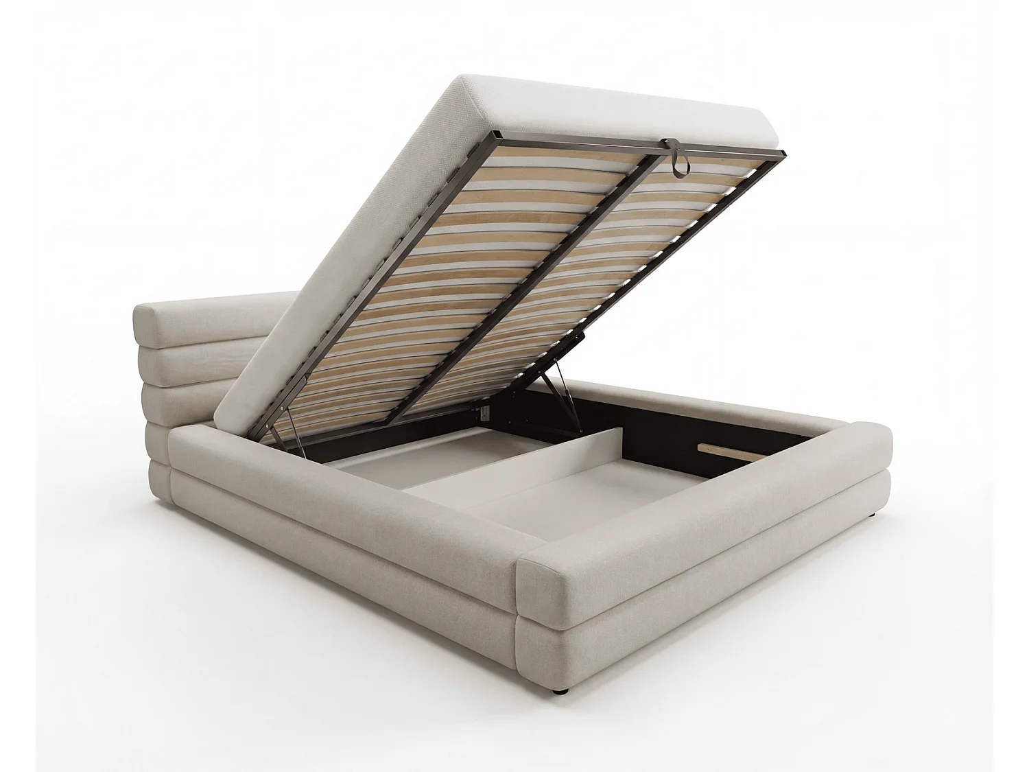 Polsterbett 140x200 cm Elias mit Bettkasten, modernes Design, Metalllattenrost - Beige