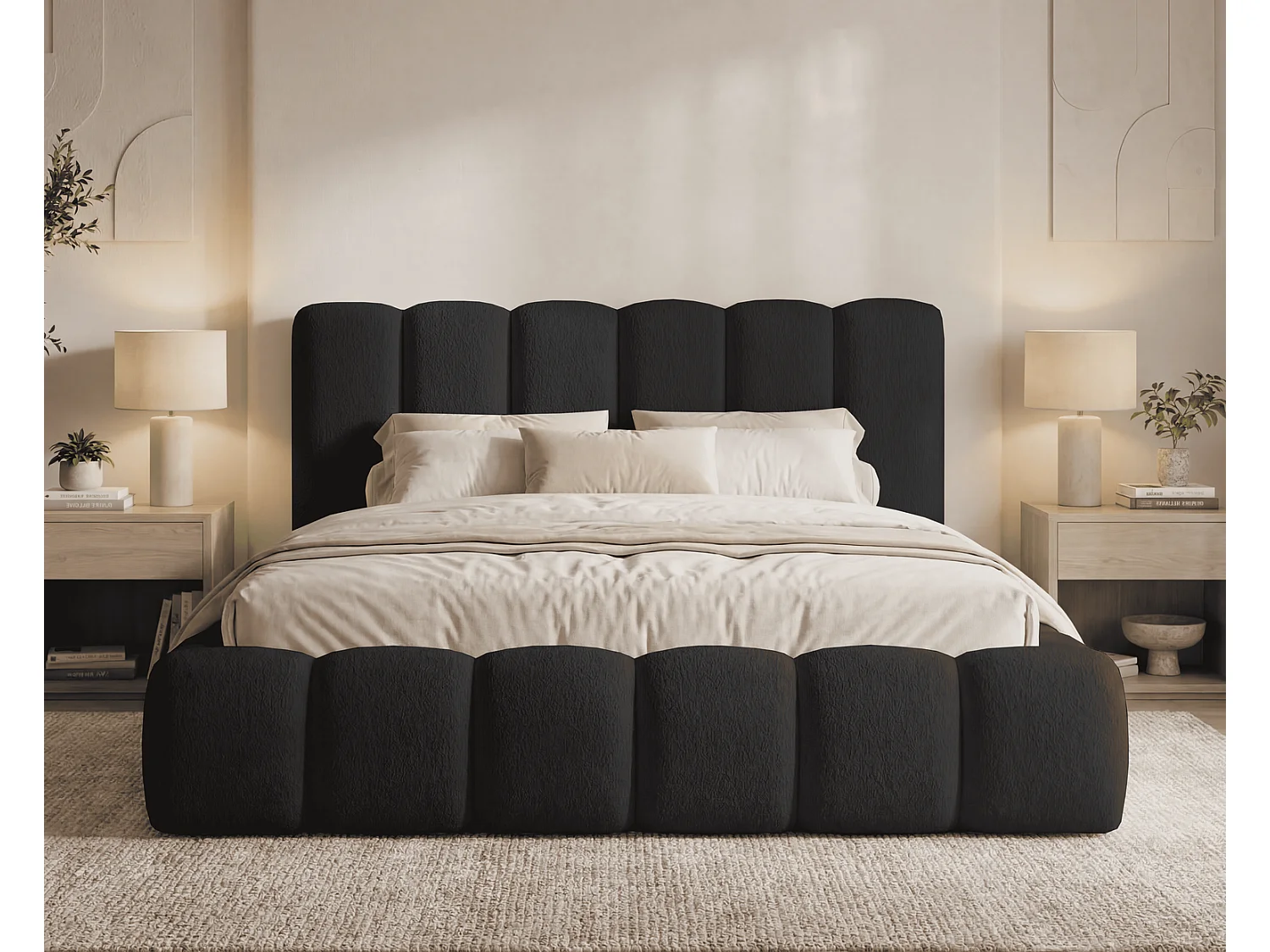 Doppelbett Bouclé 200x200 Aurelis mit Bettkasten und Metalllattenrost - Wolkenbett, Schwarz
