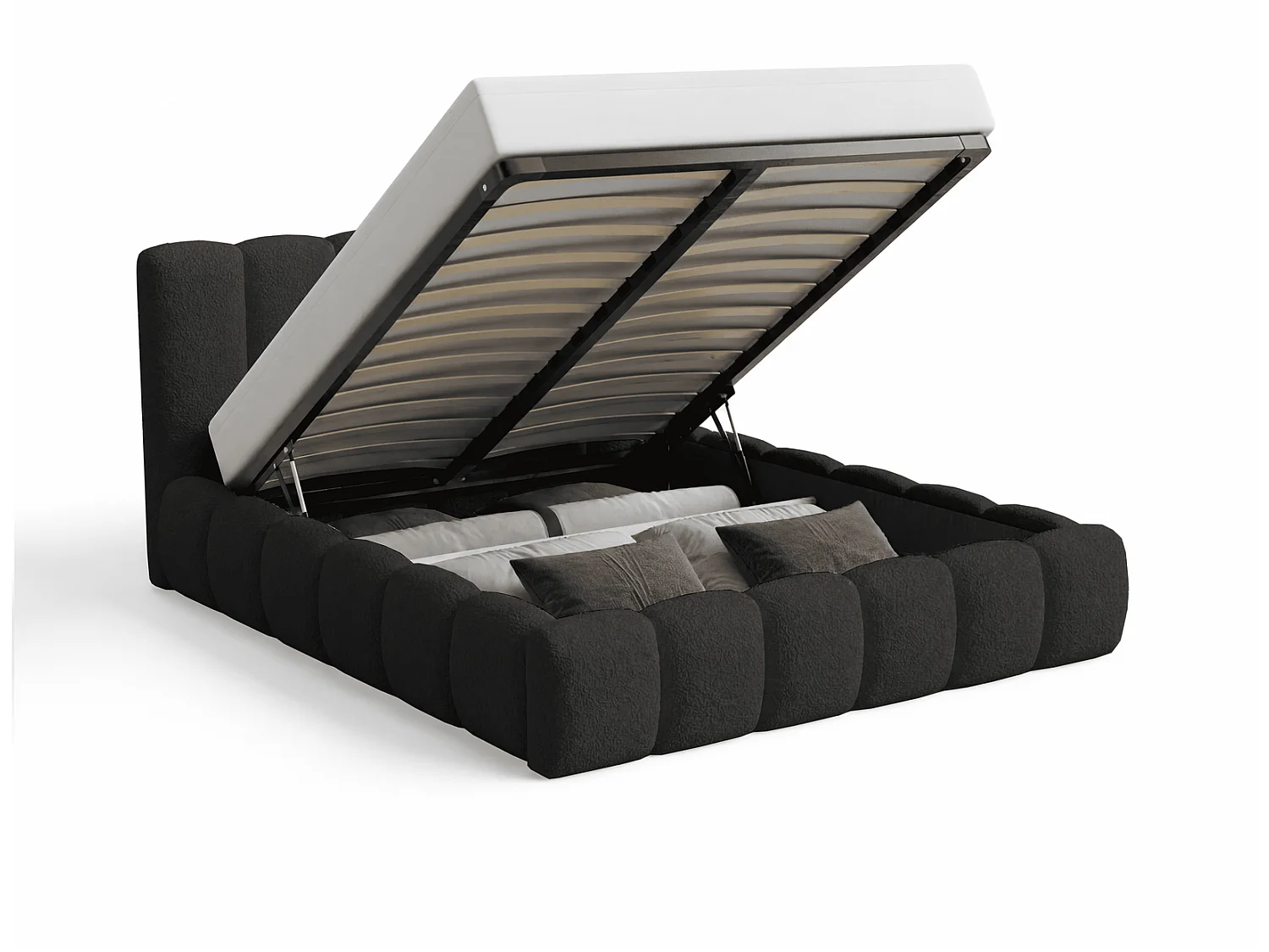 Doppelbett Bouclé 200x200 Aurelis mit Bettkasten und Metalllattenrost - Wolkenbett, Schwarz