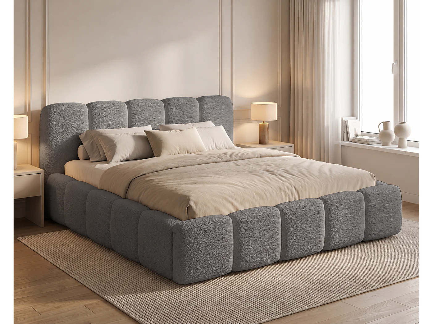 Polsterbett 200x200 Vorello mit Bettkasten, Metalllattenrost, Wolkenbett, Bouclé-Stoff, Grau
