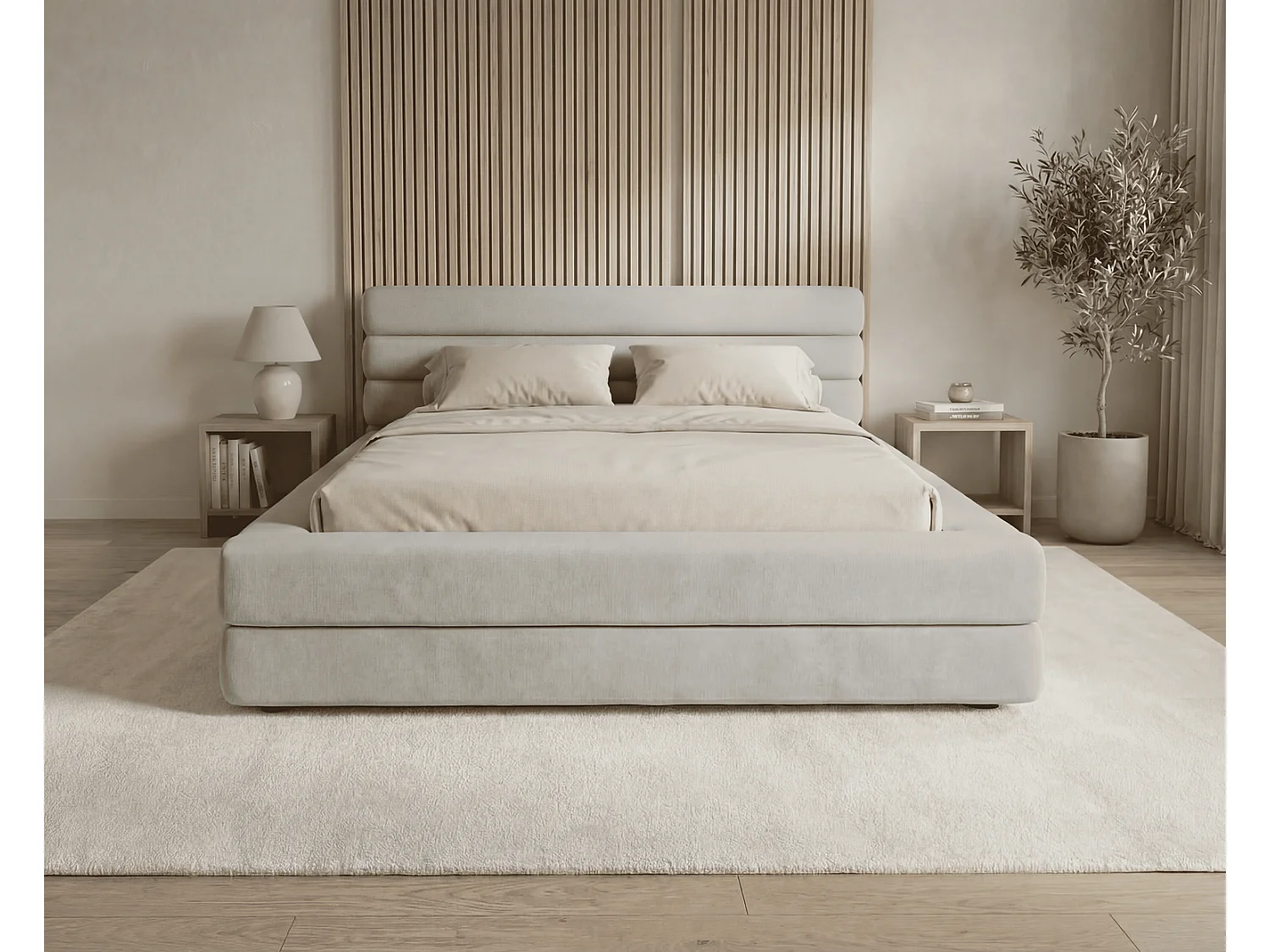 Lit rembourré 180x200 cm Elias avec coffre de rangement, style moderne, sommier métallique, gris clair