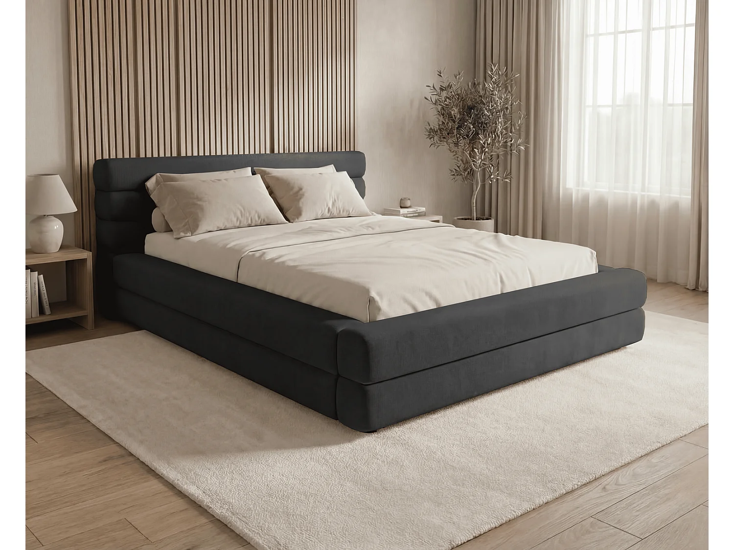 Lit double 160x200 cm Elias avec rangement, style moderne, sommier en bois, noir