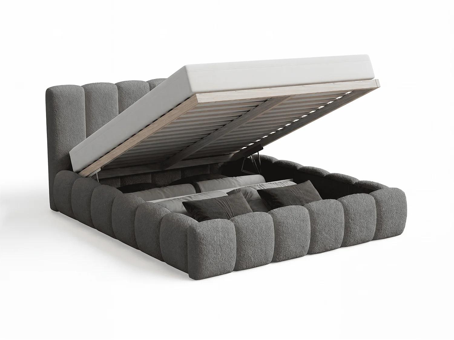 Lit rembourré bouclé 200x200 Aurelis avec coffre de rangement et sommier en bois - lit nuage, gris