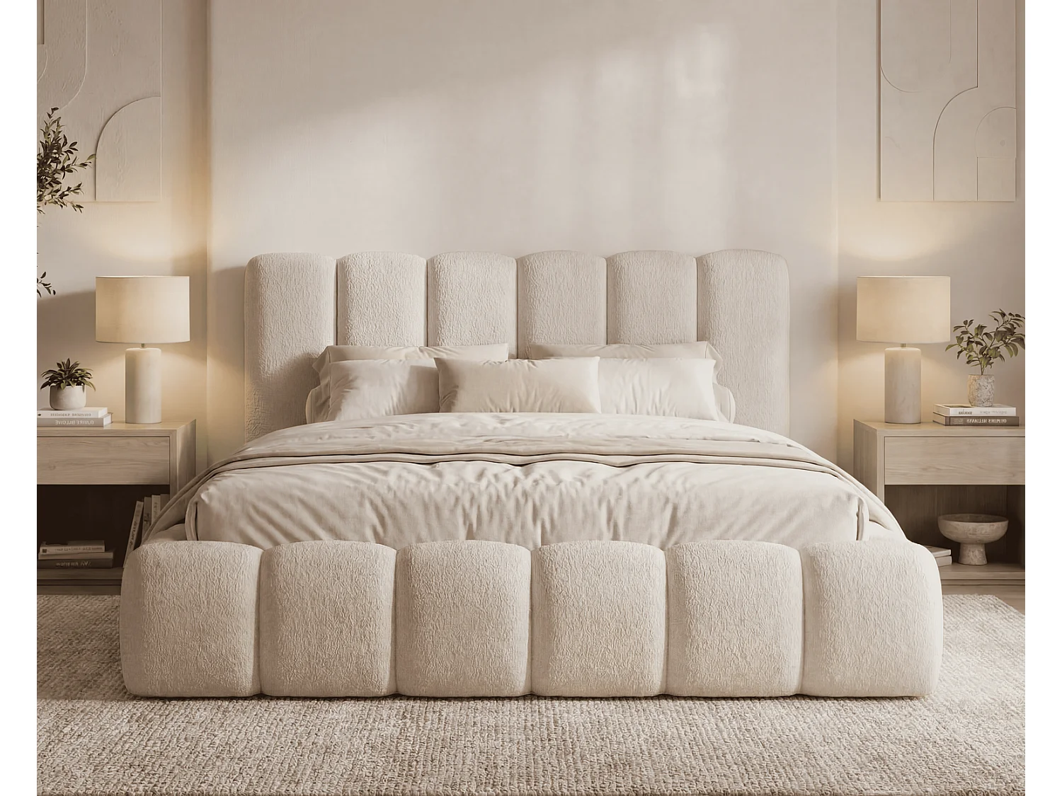 Lit rembourré bouclé 200x200 Aurelis avec coffre de rangement et sommier en bois - lit nuage, beige