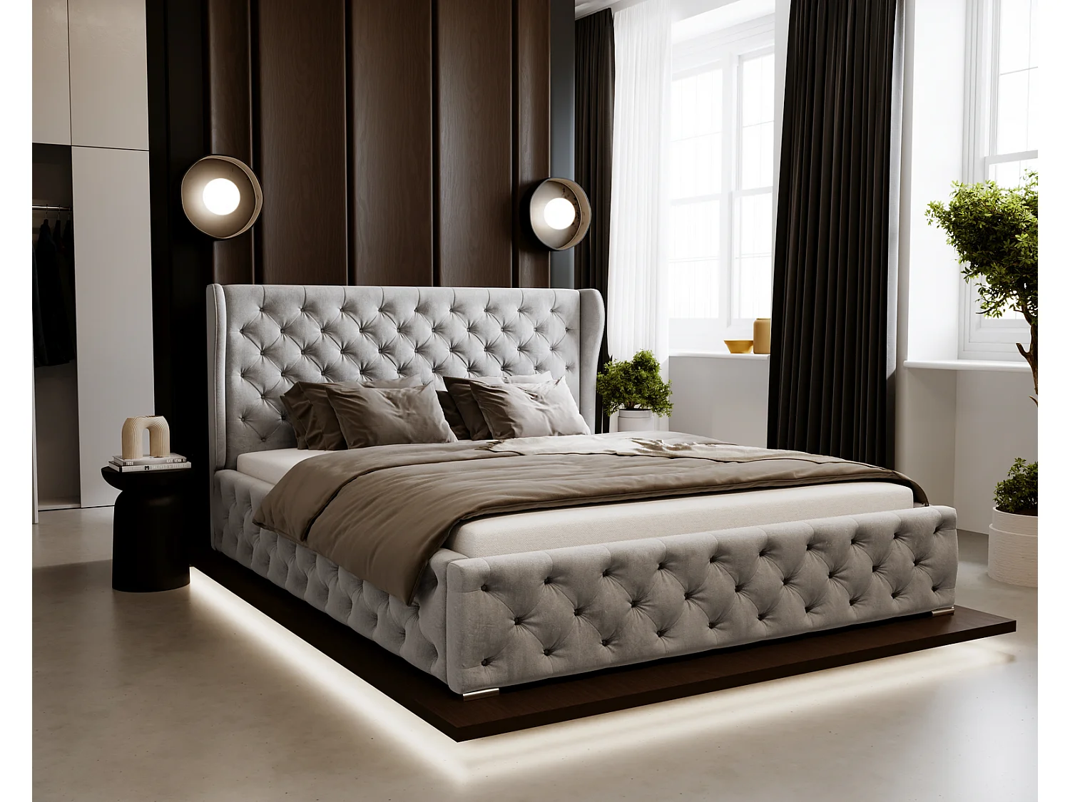 Polsterbett 200x200 cm Vivaro - mit Knopfsteppung, Bettkasten, Samt - Hellgrau