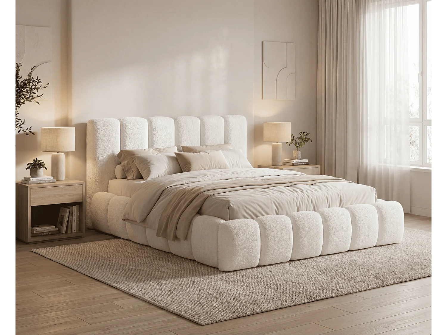 Lit rembourré bouclé 160x200 Aurelis avec coffre de rangement et sommier en bois - lit nuage, crème