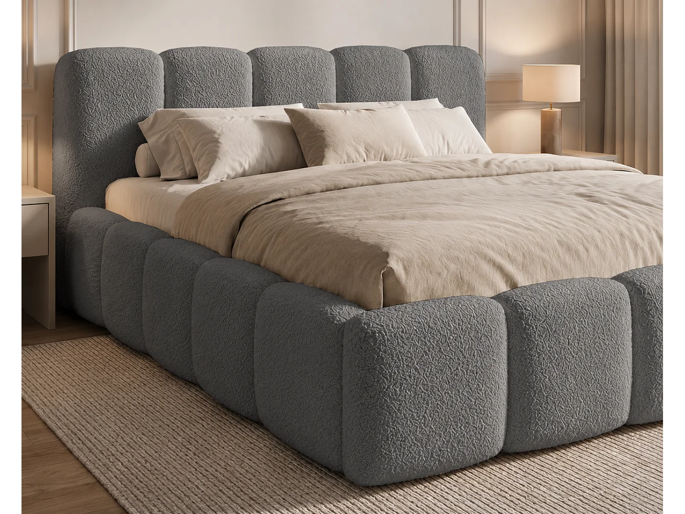 Lit bouclé 160x200 Vorello avec coffre de rangement, sommier en bois, style nuage, gris