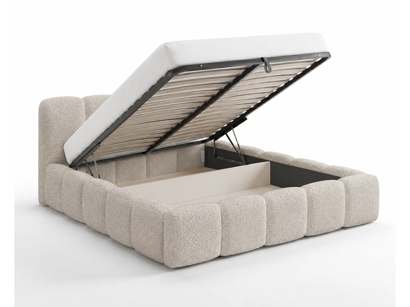 Polsterbett 160x200 Vorello mit Bettkasten, Metalllattenrost, Wolkenbett, Bouclé-Stoff, Beige