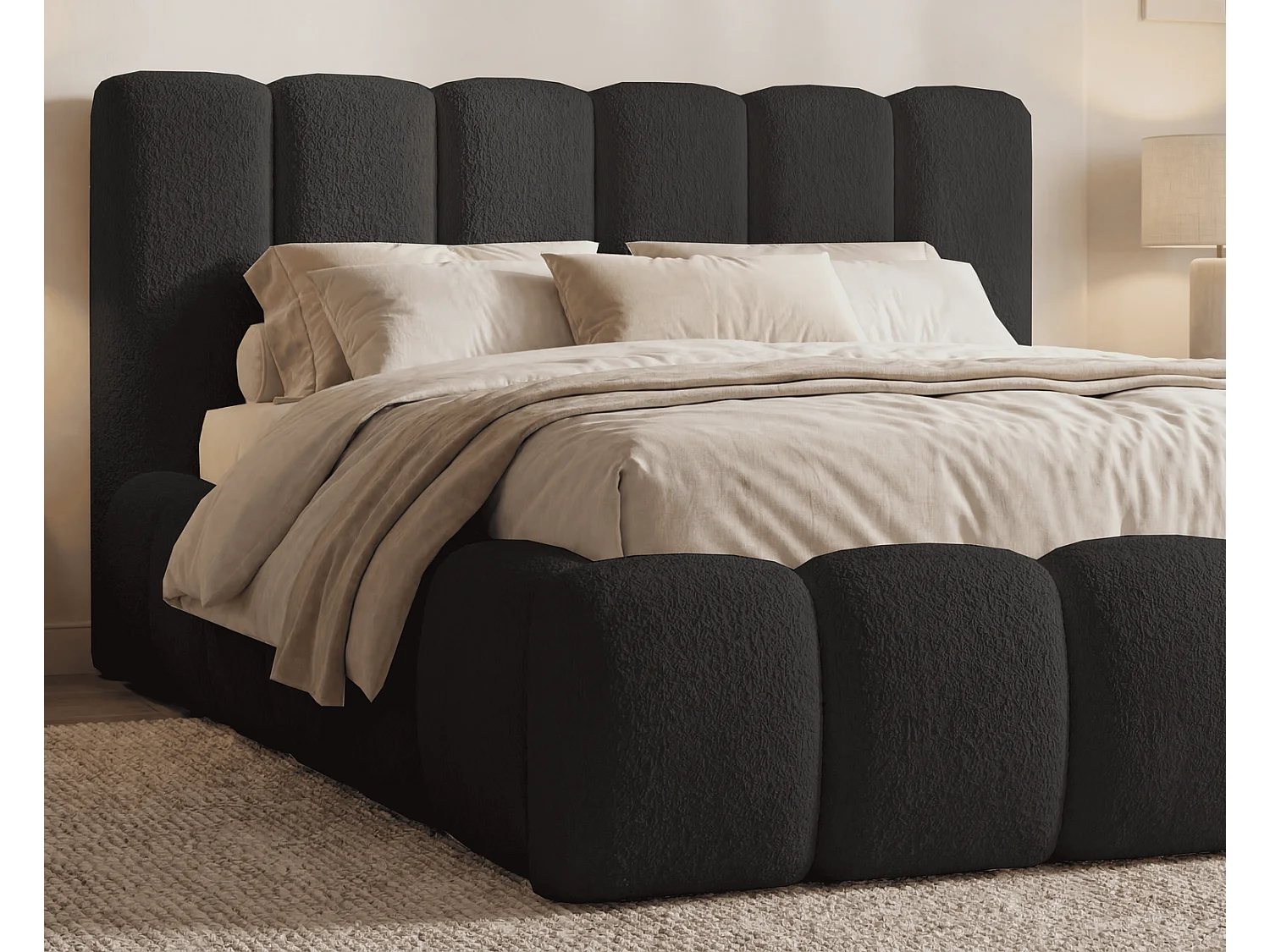 Lit rembourré bouclé 140x200 Aurelis avec coffre de rangement et sommier en bois - lit nuage, noir
