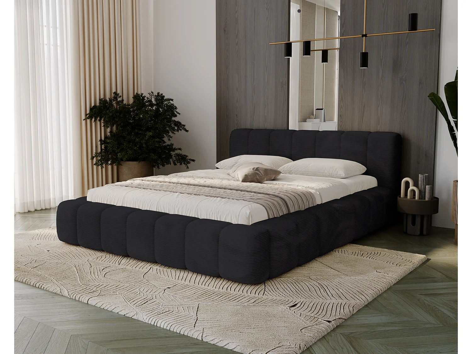 Cord-Doppelbett 160x200 Bolonia - mit Bettkasten und Holzlattenrost, Bett Schwarz