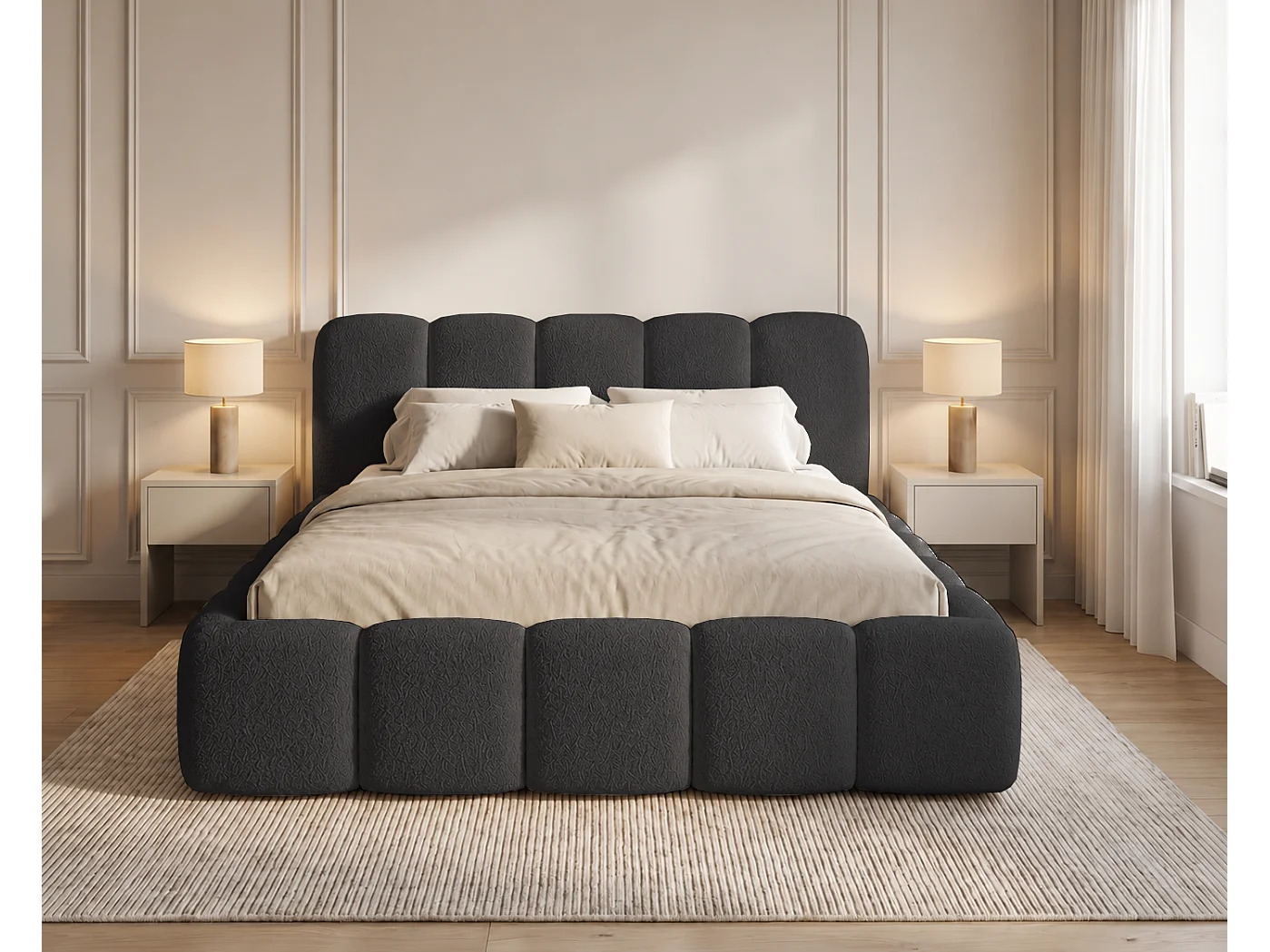Lit bouclé 180x200 Vorello avec coffre de rangement, sommier en bois, style nuage, noir