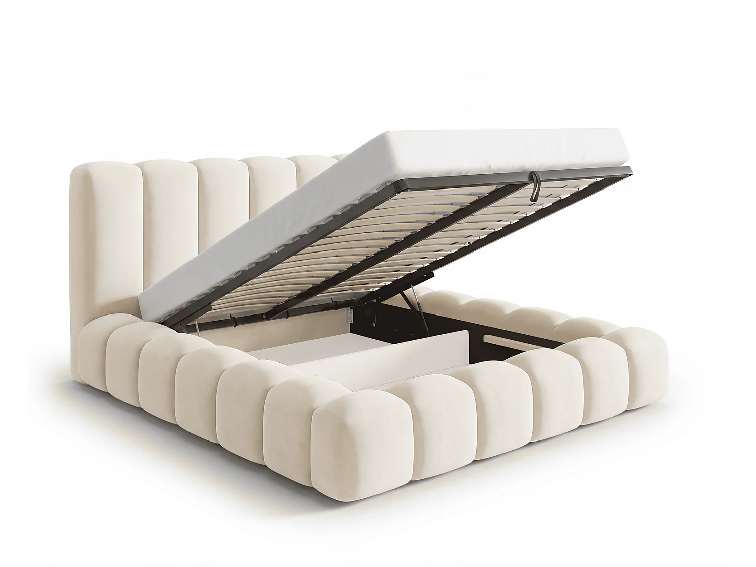 Polsterbett mit Bettkasten 160x200 Selvo - Wolkenbett, dicke Polsterung, Metalllattenrost - Beige