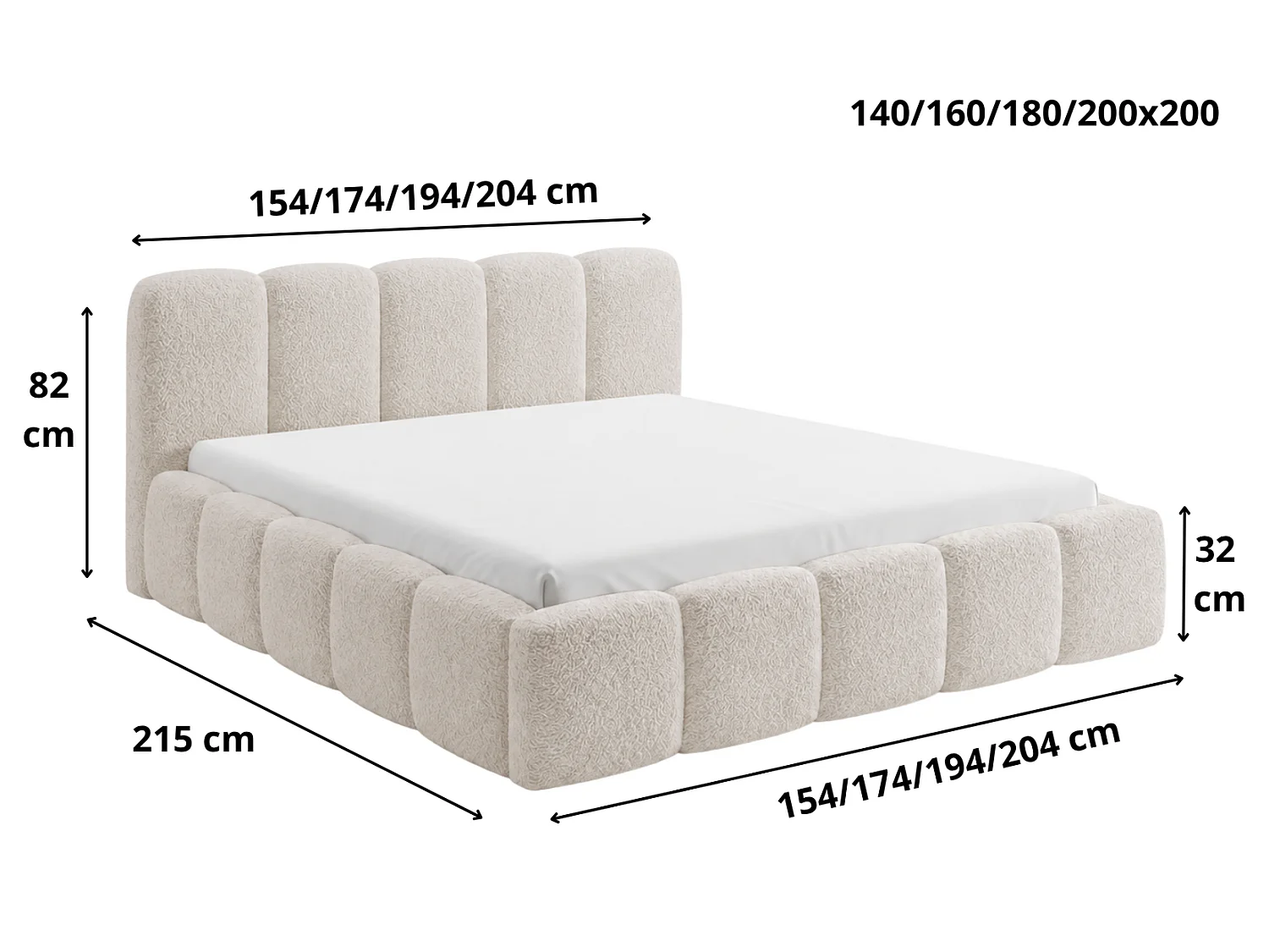 Lit bouclé 200x200 Vorello avec coffre de rangement, sommier en bois, style nuage, gris