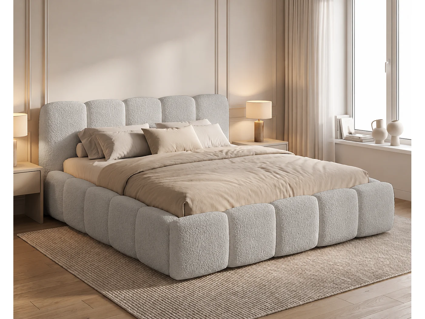 Polsterbett 160x200 Vorello mit Bettkasten, Metalllattenrost, Wolkenbett, Bouclé-Stoff, Hellgrau