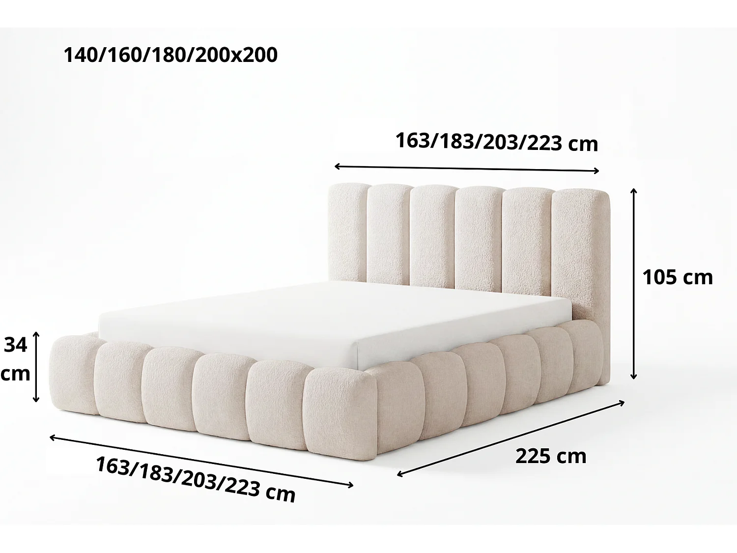 Lit rembourré bouclé 180x200 Aurelis avec coffre de rangement et sommier en bois - lit nuage, noir