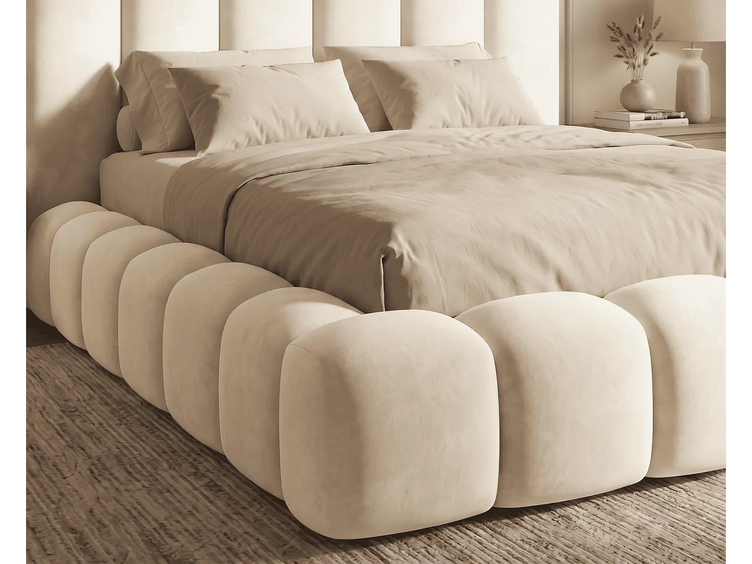 Lit coffre 140x200 Selvo, lit capitonné style nuage, mousse épaisse, sommier en bois, beige
