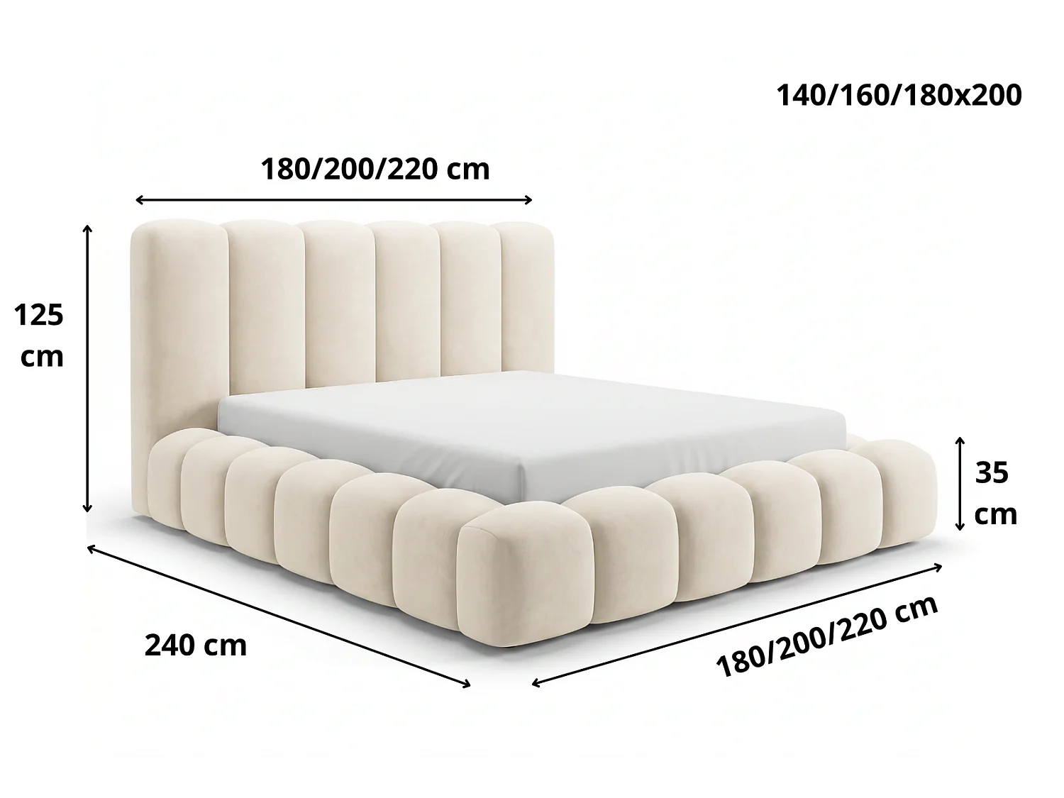 Lit coffre 140x200 Selvo, lit capitonné style nuage, mousse épaisse, sommier en bois, beige